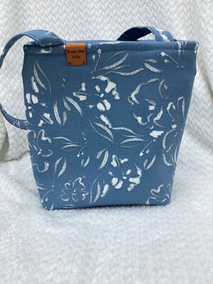 Blue Floral Handbag, Canvas Purse, Handmade with Care, Sturdy and Soft, 10 inches wide, 10 inches tall, 3.5 inches deep. - image2